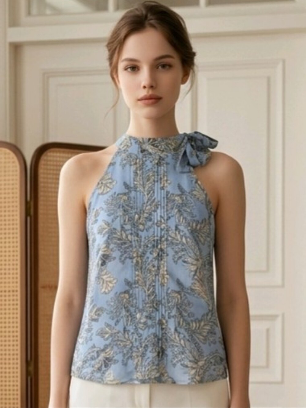 Joie SZ L NWT Blue Paisley Floral Tie Neck Sleeveless Lined Pleated Blouse
